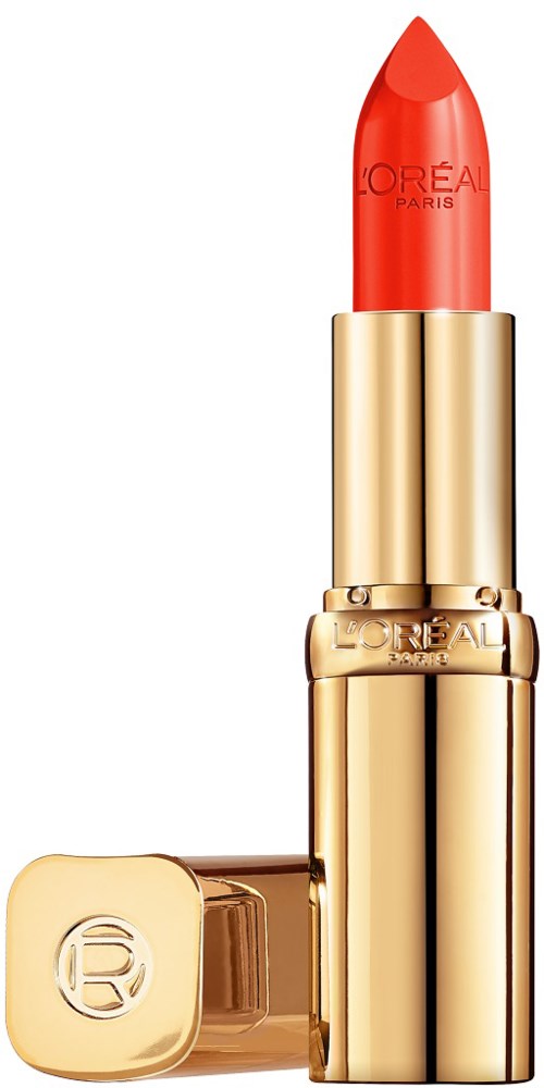 Ett rött läppstift i ett glänsande guldhölje med L'Oréal-loggan.