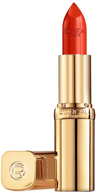 Ein goldener Lippenstift mit rotem Farbton, gekennzeichnet mit L'Oréal Paris, steht aufrecht mit Deckel daneben.