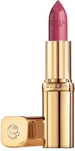 Rosa huulipuna kiiltävässä kultaisessa kotelossa, L'Oréal Paris -merkki. Kansi on pois ja huulipuna näkyvissä.