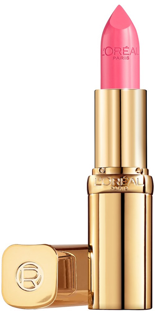 Ett rosa läppstift i en glänsande gyllene tube med ett fyrkantigt lock. Märket L'Oréal Paris är på läppstiftet.