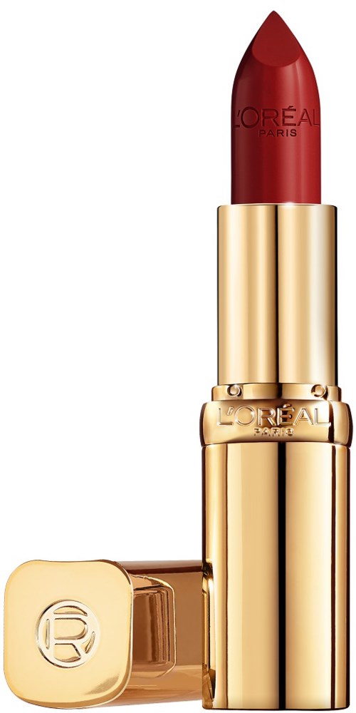 En röd läppstift med ett guldhölje, märkt 'L'Oréal Paris', står upprätt med locket bredvid.
