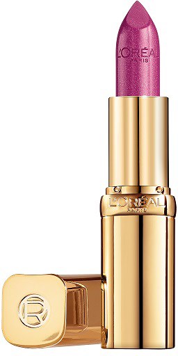 Ett rosa läppstift i ett guldhölje, med L'Oréal-logotypen på läppstiftet och locket.