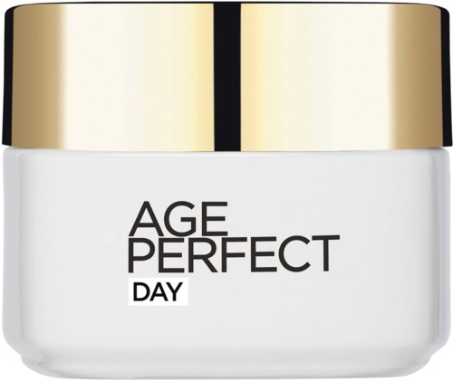 A jar with a black and gold lid labeled Age Perfect Day, likely a skincare or cosmetic product.