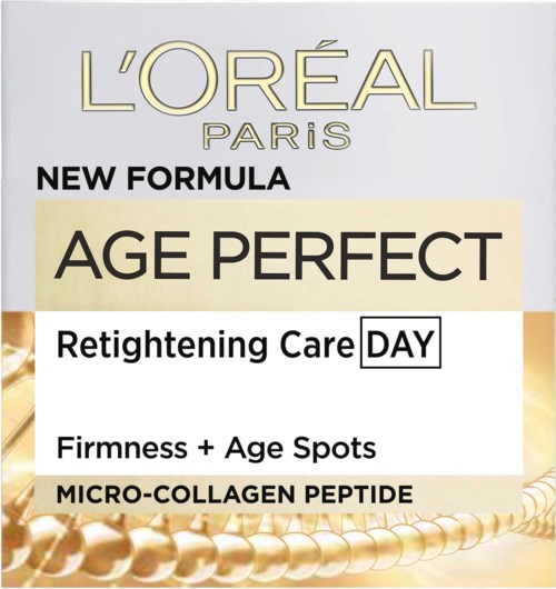 L'Oréal Paris Age Perfect retightening care label, mentioning micro-collagen peptide and firmness enhancement.