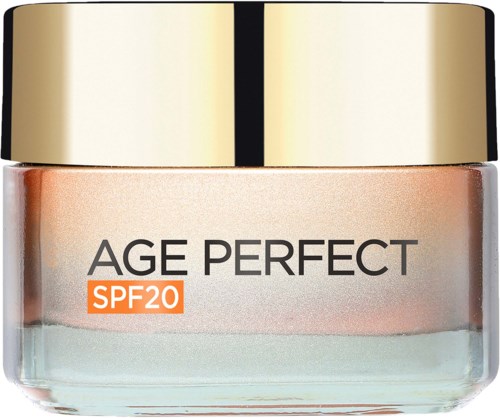 A jar of skincare product labeled Age Perfect with SPF 20. Gold lid with black stripe. The jar is light double-colored.