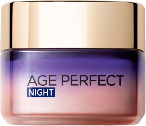 Een pot met een gouden deksel met label Age Perfect Night, roze en paars verloop, waarschijnlijk een huidverzorgingsproduct.
