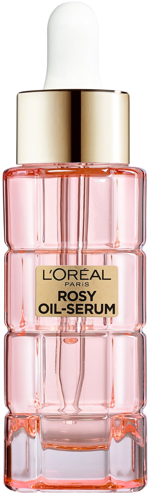 A pink glass dropper bottle with gold and white cap, labeled L'Oréal Rosy Oil-Serum.