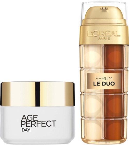 Een potje van L'Oreal Age Perfect Day crème en een capsulevormige serumbottle met Le Duo.