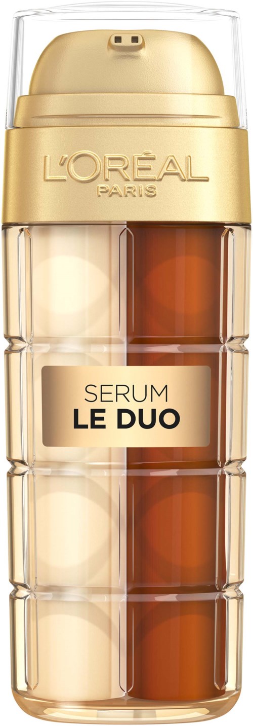 Een gouden en doorzichtige huidverzorgingsfles met compartimenten, gelabeld L'Oreal Paris en Serum Le Duo.