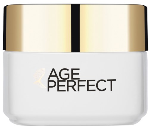 Een pot met een gouden deksel en een witte body, gemerkt 'AGE PERFECT'.