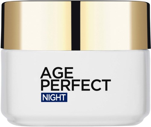 Een witte pot met een gouden deksel, gemerkt met AGE PERFECT NIGHT, voor huidverzorging of crème.