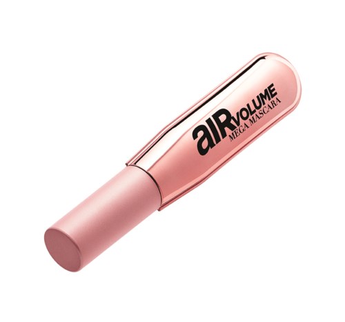 Pinkki kosmetiikkaputki, jossa lukee 'air volume mascara' ja kiiltävä metallinen kansi.