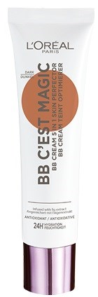 L'Oréal BB-voideputki oranssilla ja valkoisilla kuvioilla ja violeteilla korkilla. Teksti sisältää 'Magic' ja '24H'.