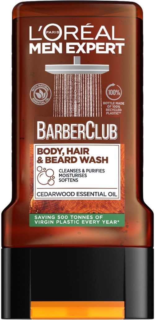 Eine braune Flasche von L'Oréal Men Expert BarberClub für Körper, Haare und Bart, mit Text zu Vorteilen und Inhaltsstoffen.