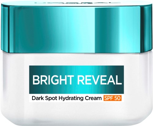 Een wit potje met een blauwe deksel, met het label Bright Reveal Dark Spot Hydrating Cream SPF 50.
