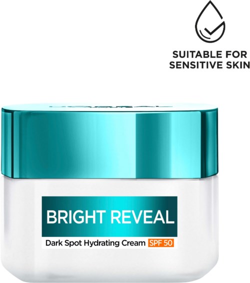 Een pot Bright Reveal Dark Spot Hydrating Cream met SPF 50, geschikt voor gevoelige huid.