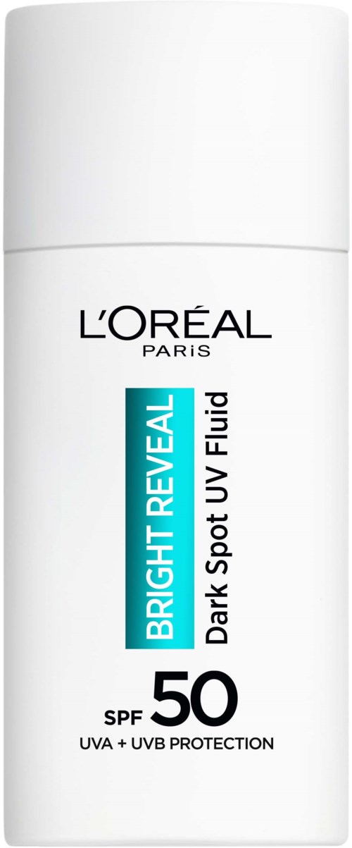 Een witte fles met label L'Oréal Bright Reveal Dark Spot UV Fluid met SPF 50. Biedt UVA- en UVB-bescherming.