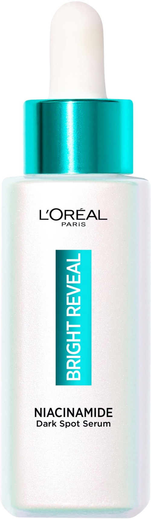 Een witte fles met druppelaar, gelabeld 'L'Oréal Paris Bright Reveal Niacinamide Dark Spot Serum'.