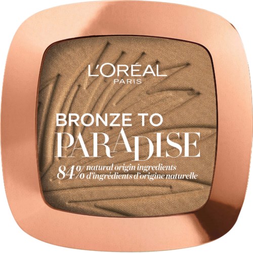 A compact bronzer with a peach-colored case, labeled 'L'Oréal Paris', showing a natural makeup product.