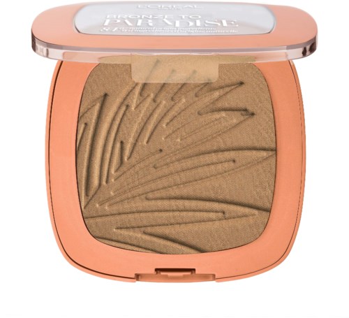 A powder makeup compact with a leafy pattern in light brown with a pink case and clear lid.