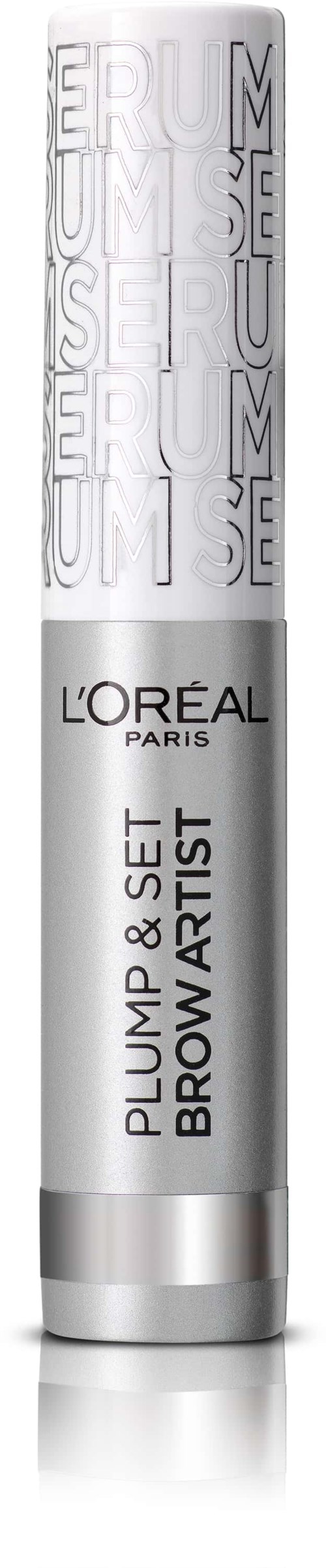 En vit cylindrisk makeup-produkt märkt 'L'Oréal Paris Plump & Set Brow Artist'.