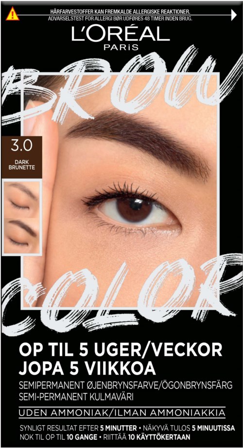 Een L'Oréal Paris haarkleurdoos met een close-up van een oog en wenkbrauw, met donkerbruine kleur en productinformatie.