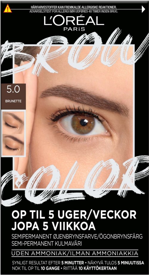 Reklam för hårfärg från L'Oréal med nära bild av ett kvinnligt öga och hårfärgsalternativ.