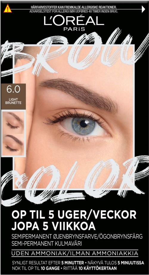 L'Oréal ögonbrynsgelé för ljusblonda, synligt ögon- och brynclose-up, med produktdetaljer och användningsinstruktioner.