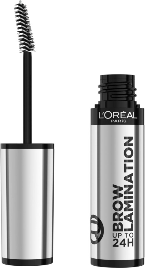 Ripsiväripurnukka ja sen harja, merkitty 'L'Oréal Paris Brow Up & Lamination 24H' mustana ja valkeana.