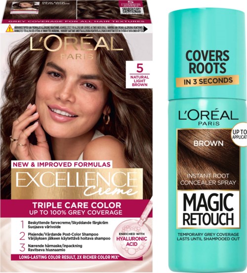 Een L'Oréal haarverfdoos en een wortelverwijderende spray. De doos toont een lachende vrouw met bruin haar.