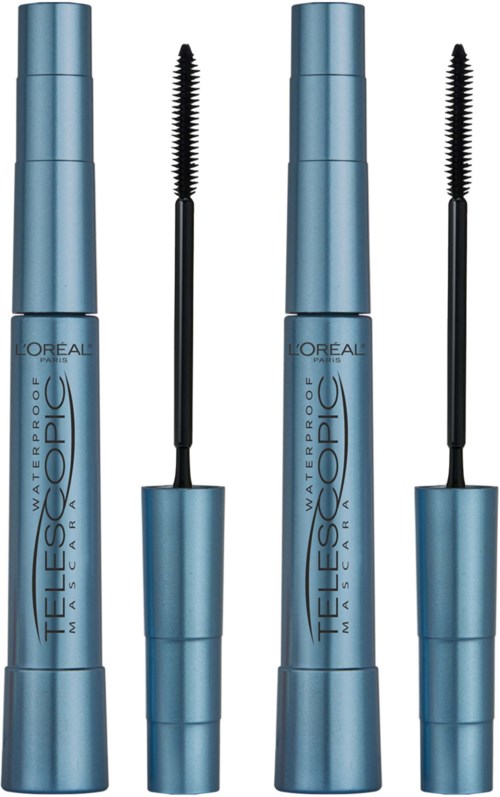 Two blue mascara tubes with brushes, labeled 'L'Oreal' and 'Telescopic' on a white background.