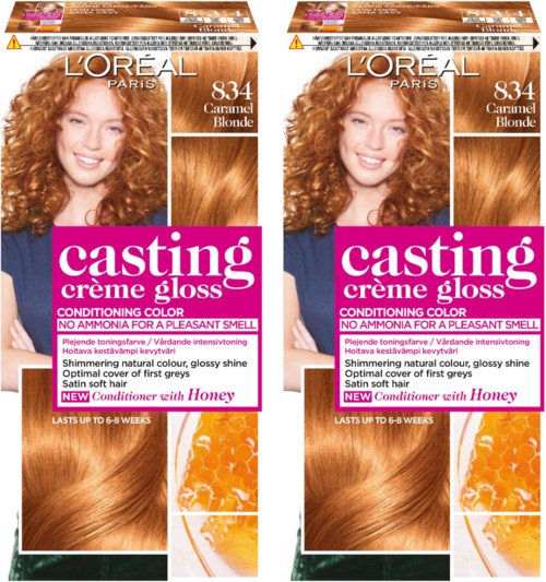 Pakning av L'Oréal Casting Creme Gloss hårfarge med modellens ansiktet og oransje hår. Tekstdetaljer om farge og fordeler.