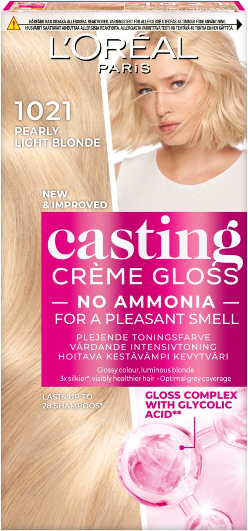 L'Oréal-Haarfärbekarton für blondes Haar, mit betonter ammoniakfreier Formel, glänzendes Finish und angenehmem Duft.