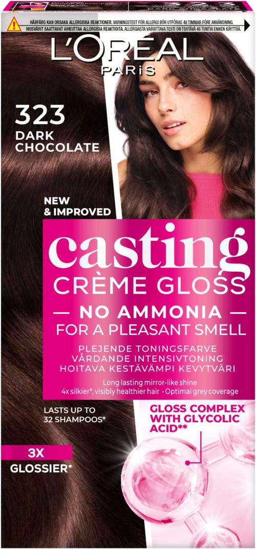 A hair dye product packaging for L'Oréal casting crème gloss in dark chocolate color, featuring a woman with long, shiny dark hair.