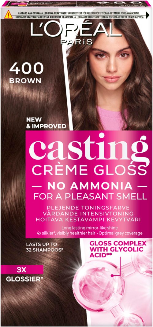 L'Oréal haarkleurdoos, toont een vrouw met bruin haar, roze en witte label, en productkenmerken.