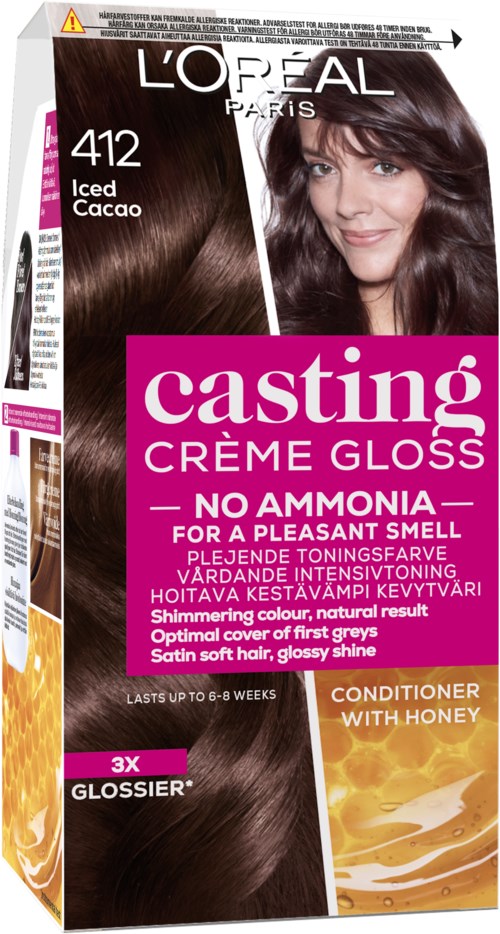 L'Oréal Casting Creme Gloss Haartönungskarton, Farbton 412 Iced Cacao, mit lächelnder Frau und braunen Haaren.