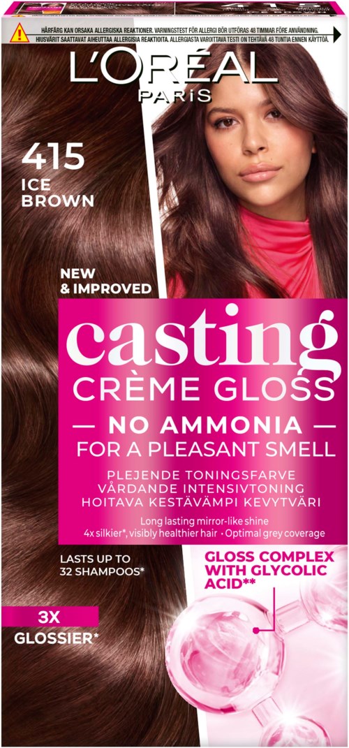 Eine Haarfärbeverpackung mit einer Frau, die langes, braunes Haar zeigt, pinkes Etikett und Produktdetails.
