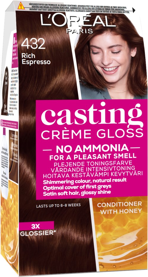 Förpackning av hårfärg, brunt hår, leende kvinna, rosa etikett, L'Oreal Paris, närande formula, honungskonditionerare.