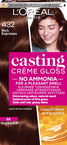 En L'Oréal Paris hårfärg kurva med en kvinna som har glänsande, brunt hår och produktspecifikationer i rosa och orange färger.