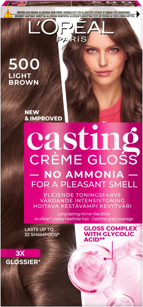Haarverpakkingsproduct met een vrouw met lang, glanzend bruin haar. Benadrukt 'Casting Crème Gloss' zonder ammonia.