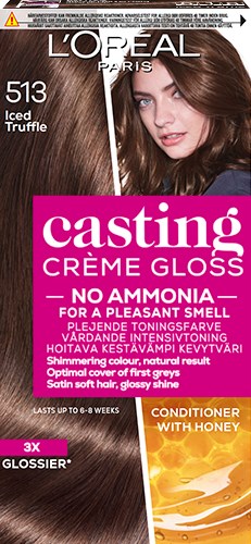 L'Oreal hårfärg med modellbild, rosa och orange etiketter, påståenden om glans och honungskonditionerare.