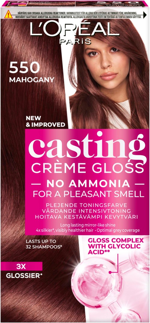 L'Oréal Casting Crème Gloss haarkleur, mahoniekleur, met een vrouw met lang, glanzend bruin haar en productdetails.