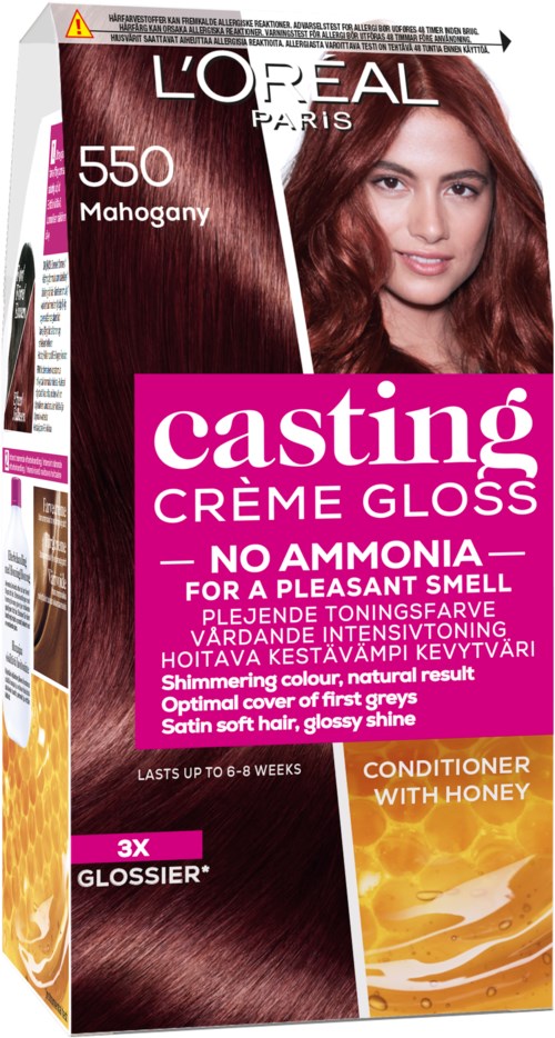 L'Oréal hårfärgningslåda i mahognifärg, visar en kvinna med glänsande, rödbrunt hår och produktdetaljer.
