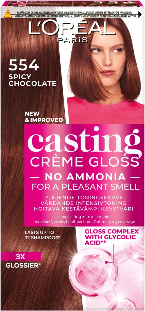 Eine Haarfärbekarton mit einer Frau mit glänzend, braunem Haar, pinker und weißer Verpackung, die keine Ammoniak enthält.