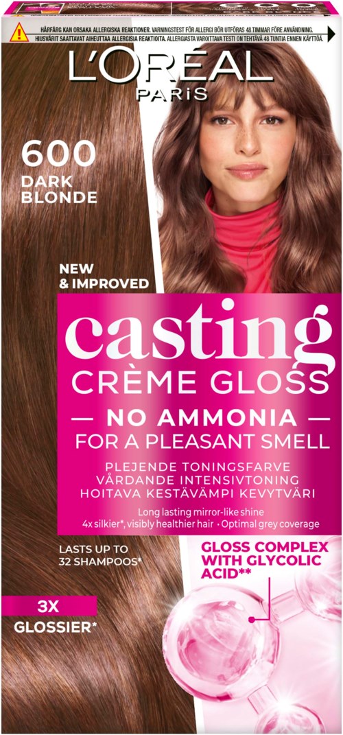 Verpakking van haarverf met een vrouw die glanzend bruin haar toont en roze product branding.