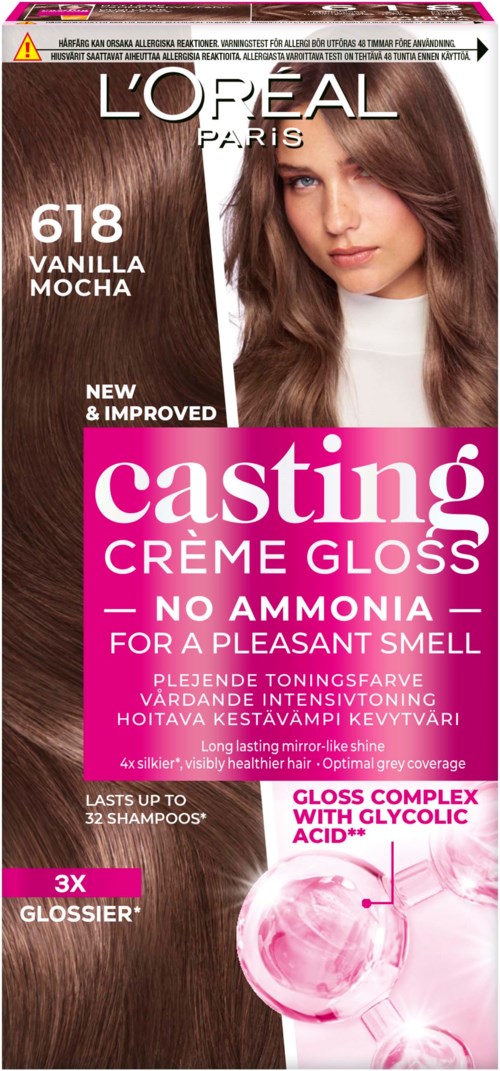 Een haarverfdoos met een vrouw met lang bruin haar, met productinformatie geschreven op een roze en witte achtergrond.