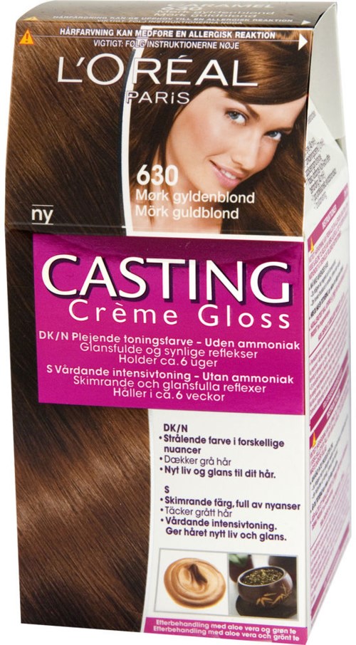 L'Oréal hårfärgningslåda med en kvinnas ansikte och brunt hår, märkt 'Casting Creme Gloss' i lila och vitt.