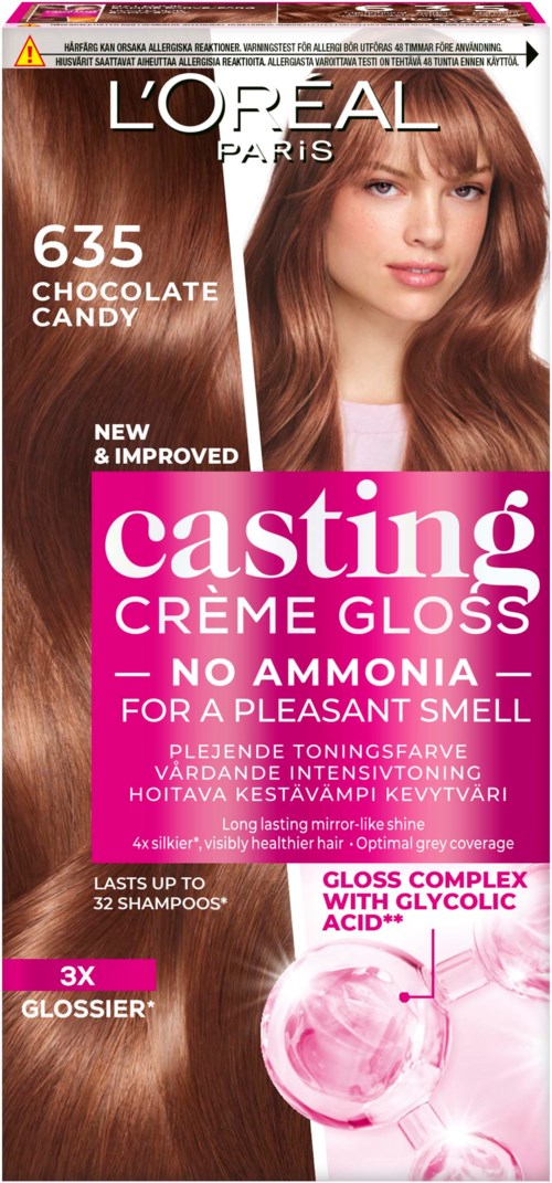 Packaging for hair gloss product with a woman having shiny, brown hair. Text highlights gluten-free, no ammonia, and long-lasting shine.
