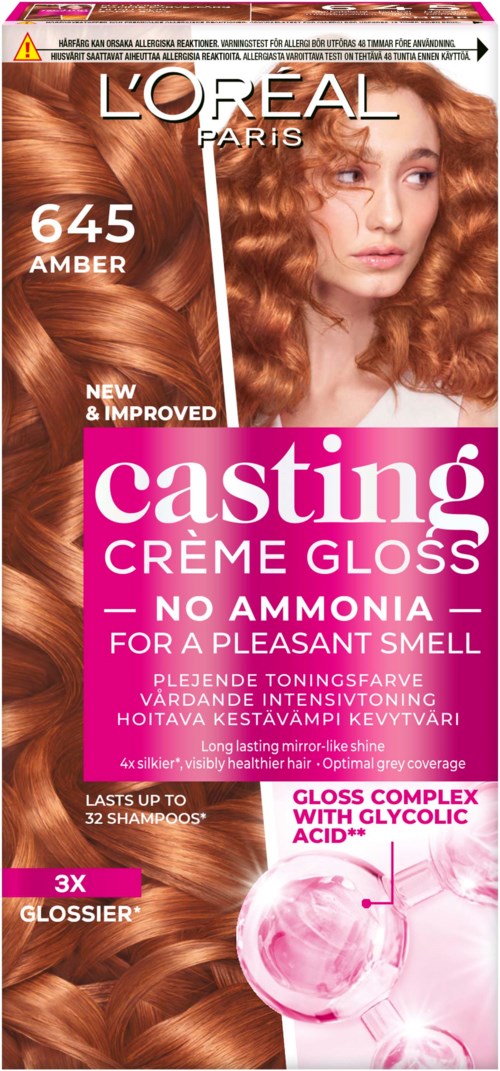 De verpakking toont een vrouw met krullend kastanjebruin haar en informatie over haarverf, Glossy Gloss zonder ammoniak, en de voordelen.