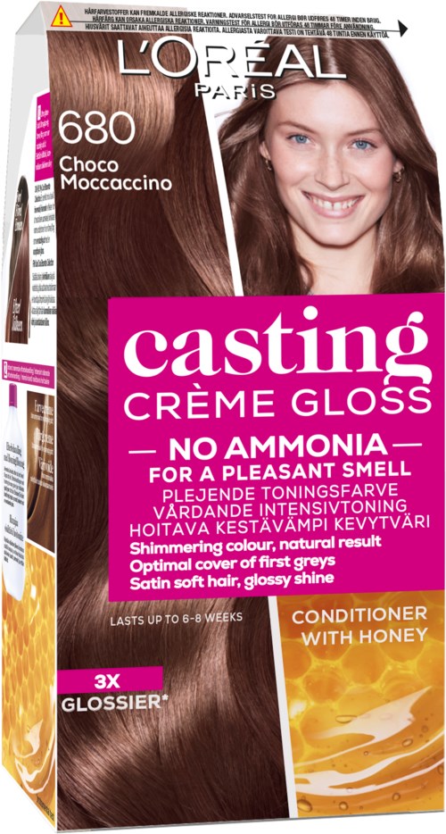 Hårfärgningslåda, brunt hår, leende kvinna, rosa etikett, honungbalsam, 6-8 veckor.